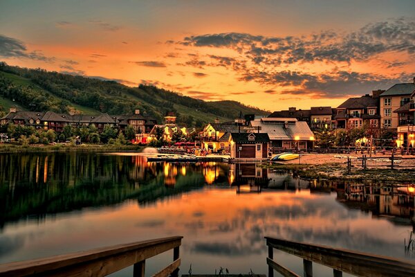 Mountain village on the background of sunset