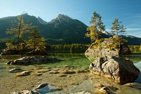 View of a shallow lake with mountain views in Berchtesgaden National Park