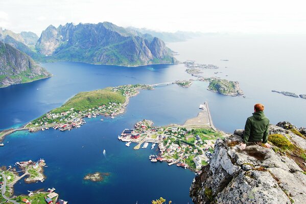 View of the Lofoten Islands from the height of the cliff