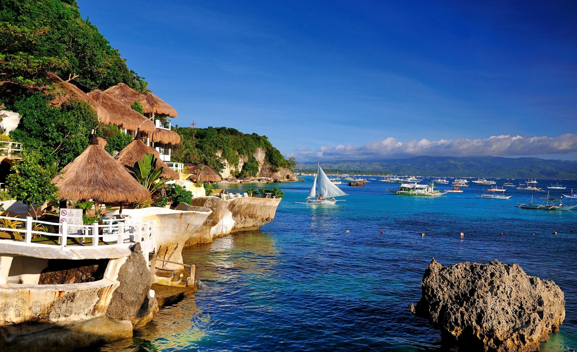 inseln hütten meer segelboote schiffe erholung resort