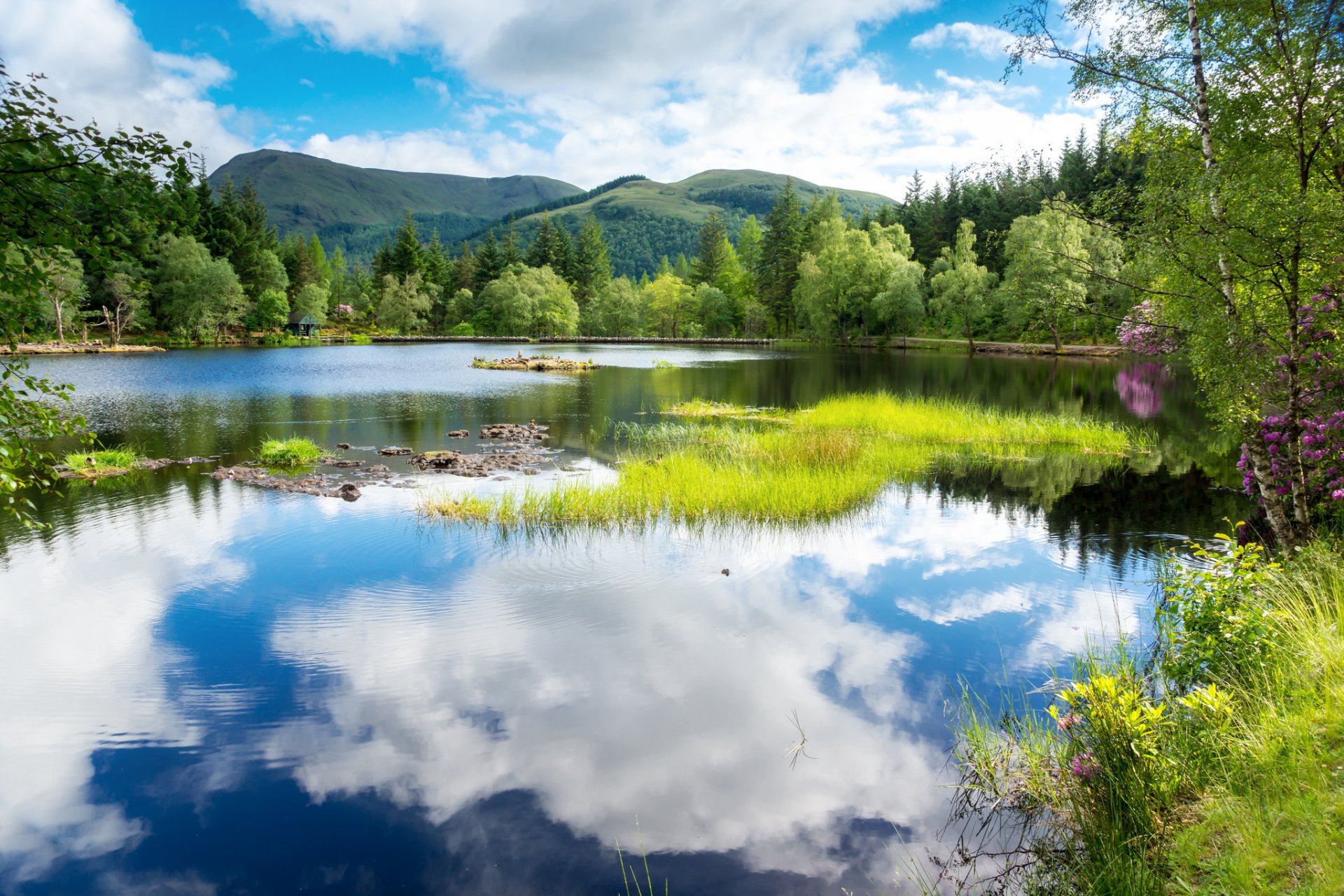 écosse royaume-uni paysage arbres verdure montagnes forêt lac ciel nuages eau réflexion