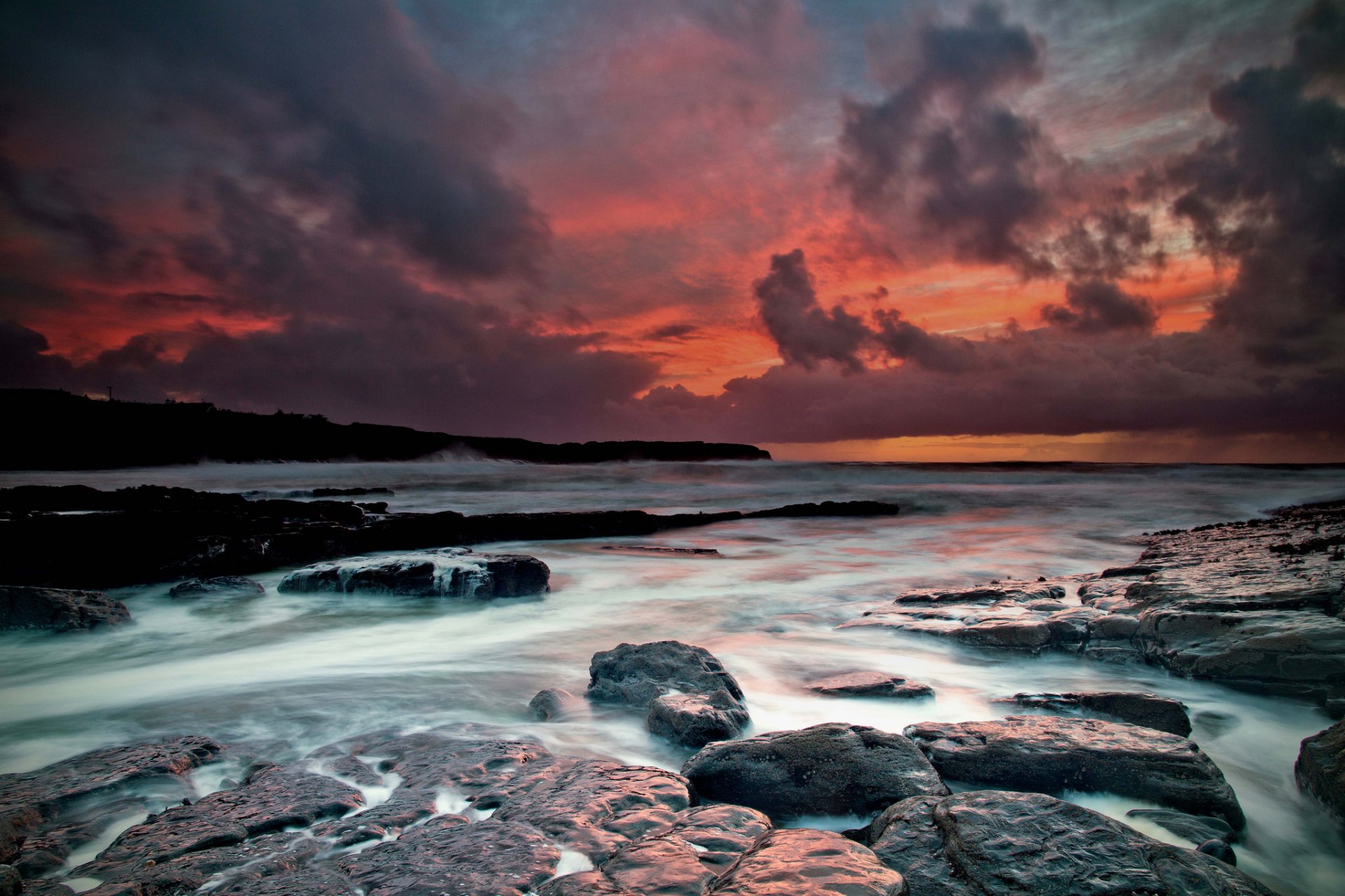 ireland claire spanish port west coast atlantic ocean coast rocks rocks autumn november sunset fire in the sky clouds clouds waves water streams exposure hopkins photo