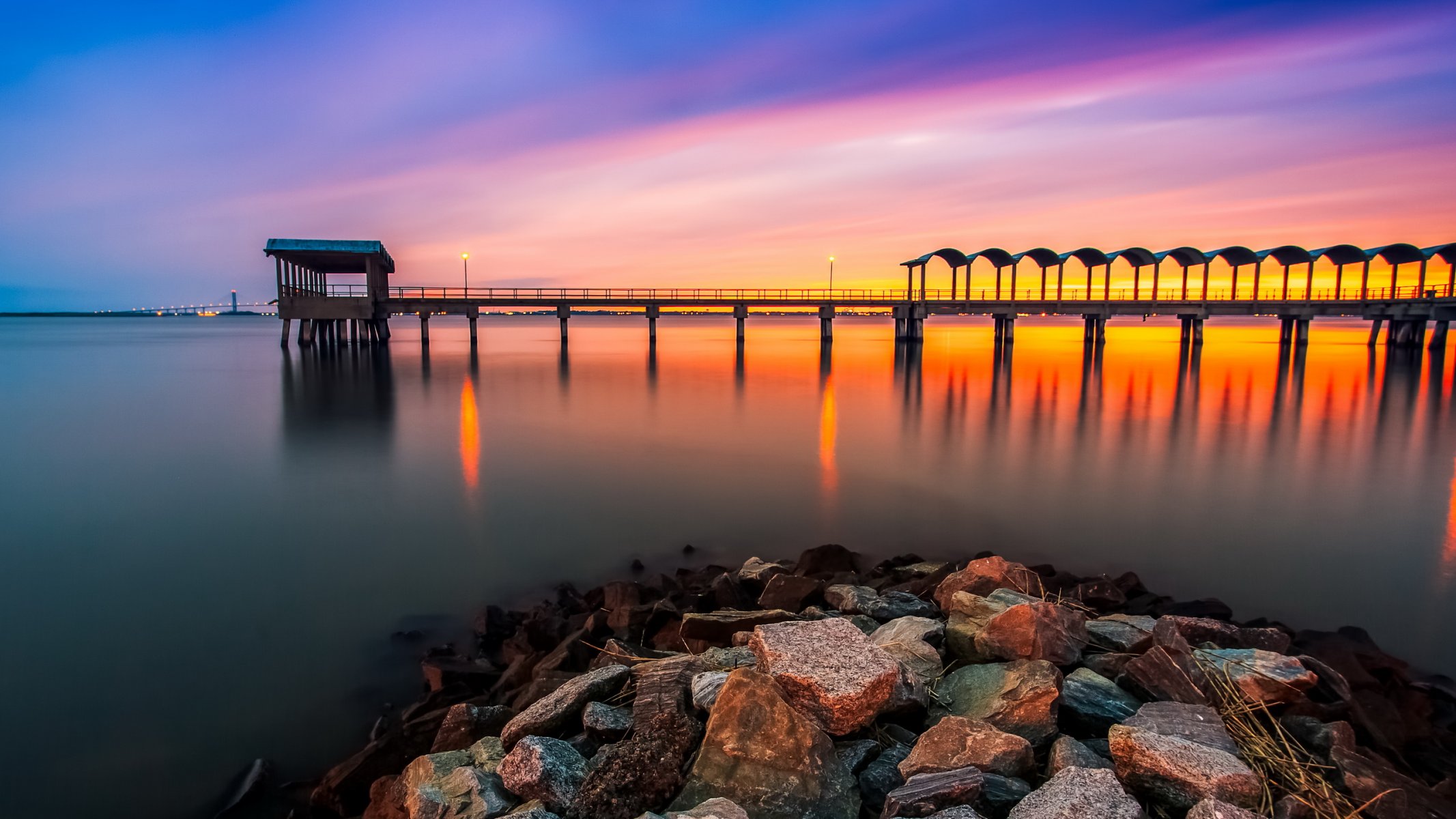 pier stones reservoir nature sky night landscape