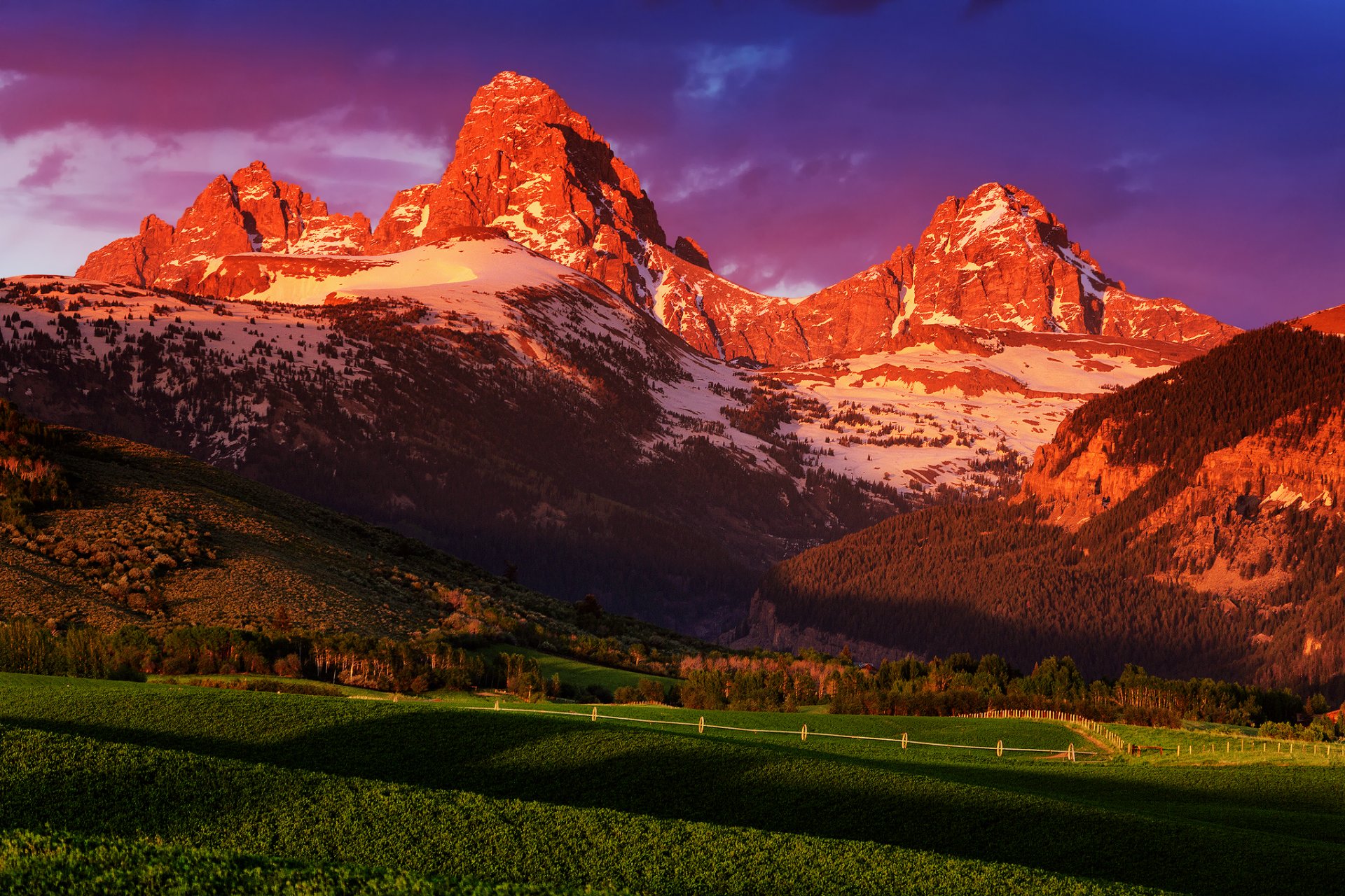 stany zjednoczone wyoming park narodowy grand teton lato czerwiec farma zachód słońca