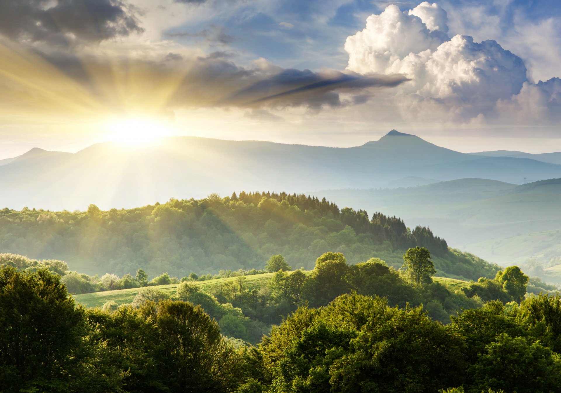 landscape nature hills mountain tree green sky clouds sun