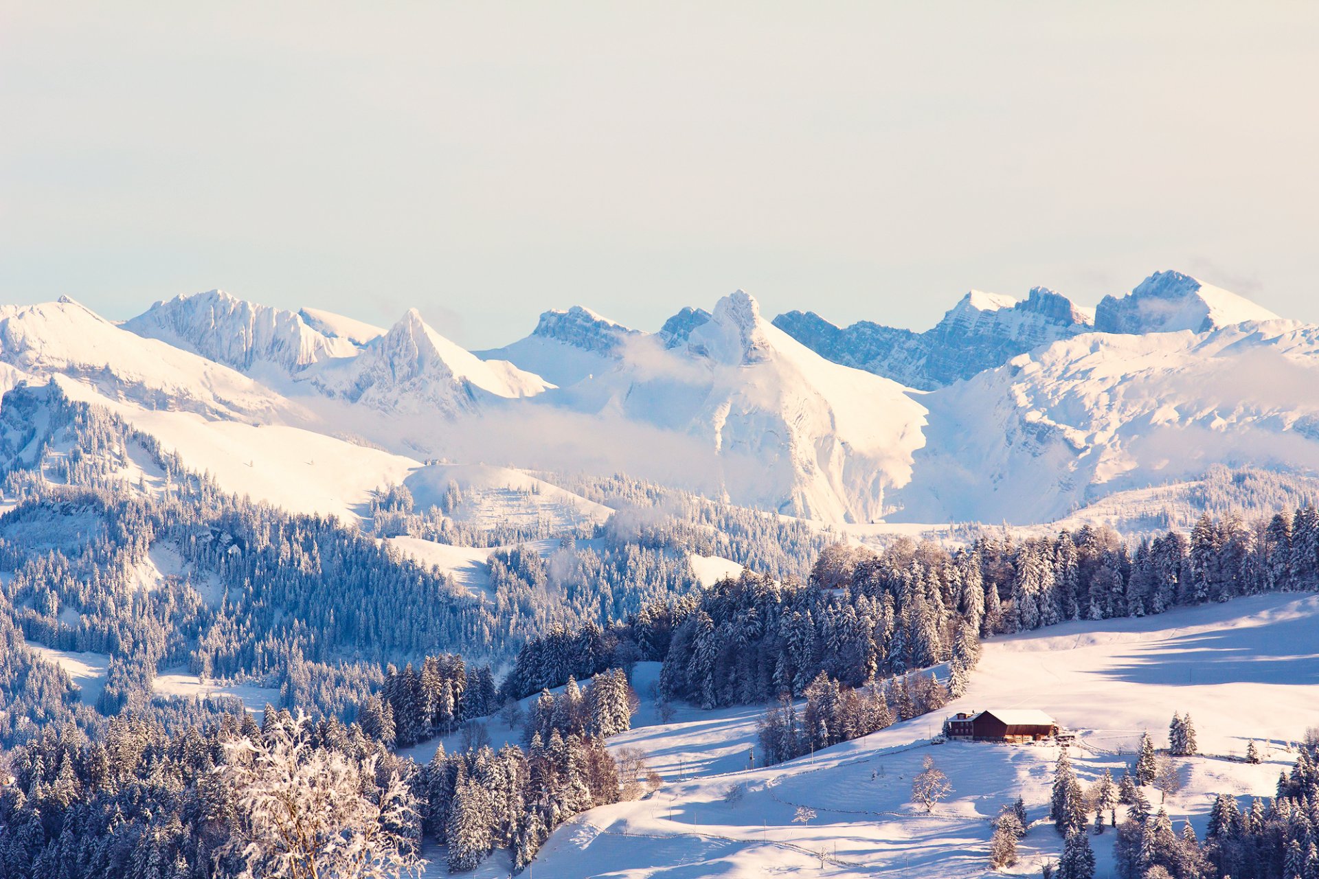 hiver montagnes neige forêt maison