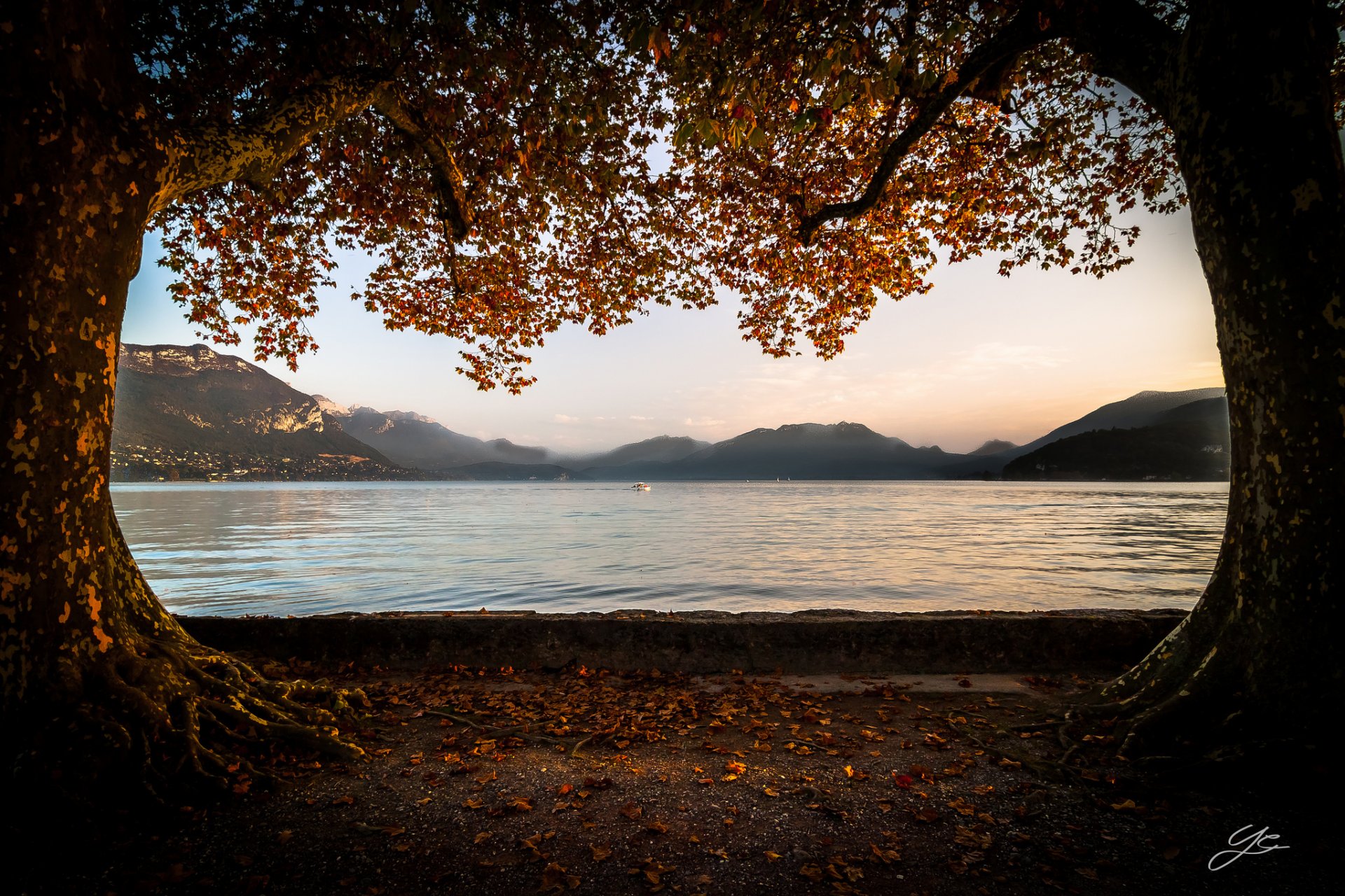 montañas lago árboles otoño