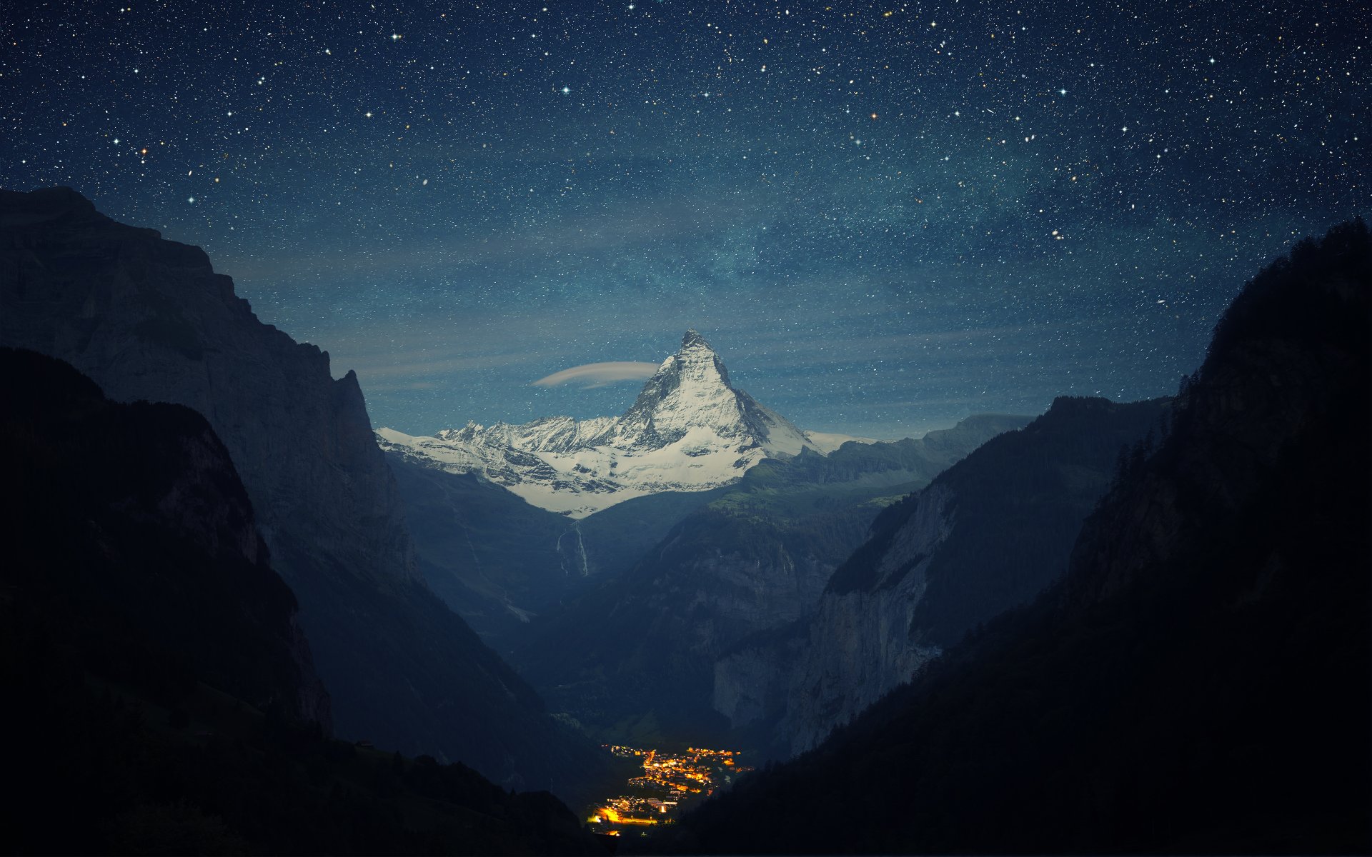 góry alpy matterhorn noc dolina miasteczko szwajcaria dolina lauterbrunnen