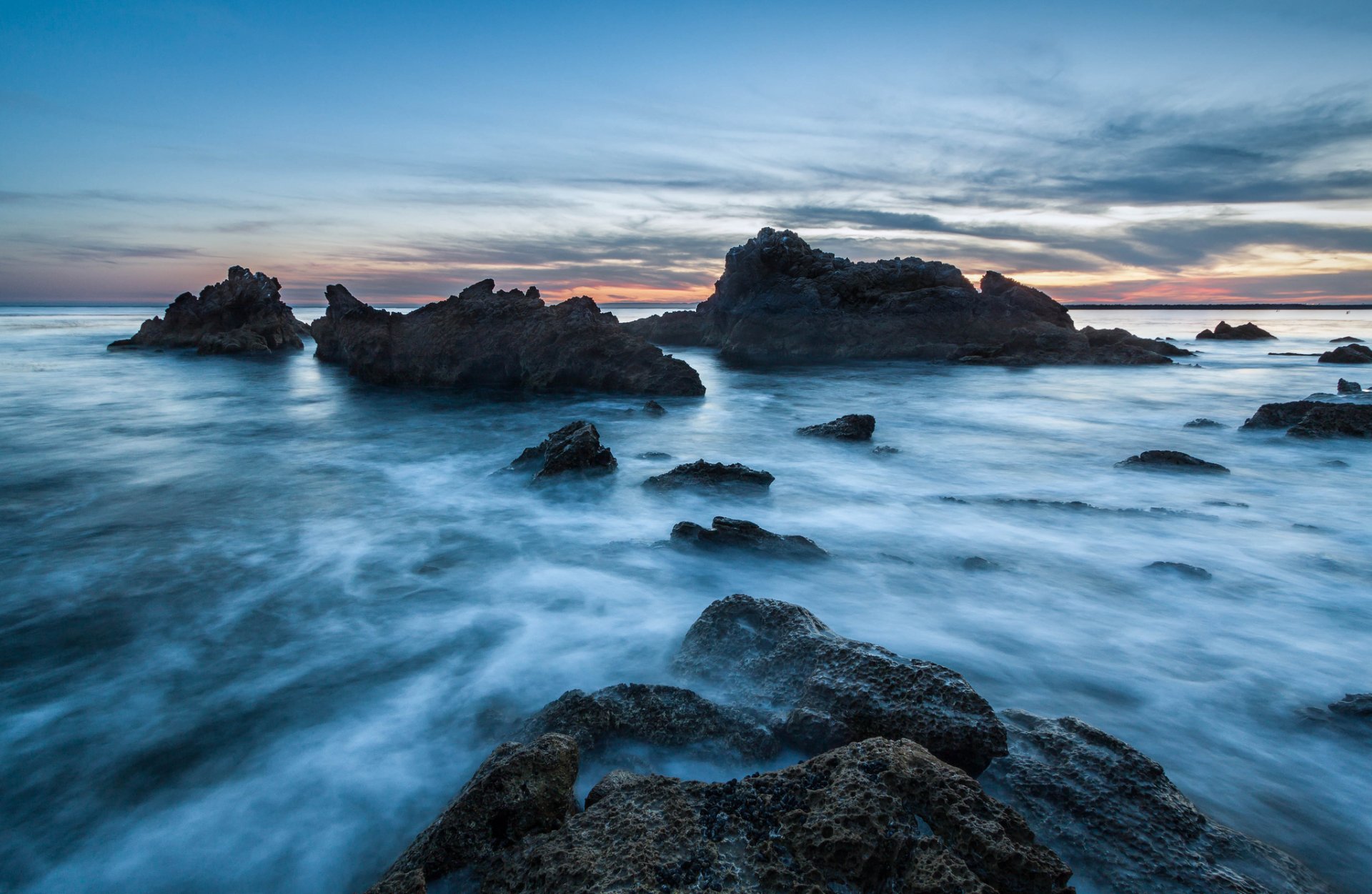 united states california ocean beach stones rock night sunset blue sky cloud