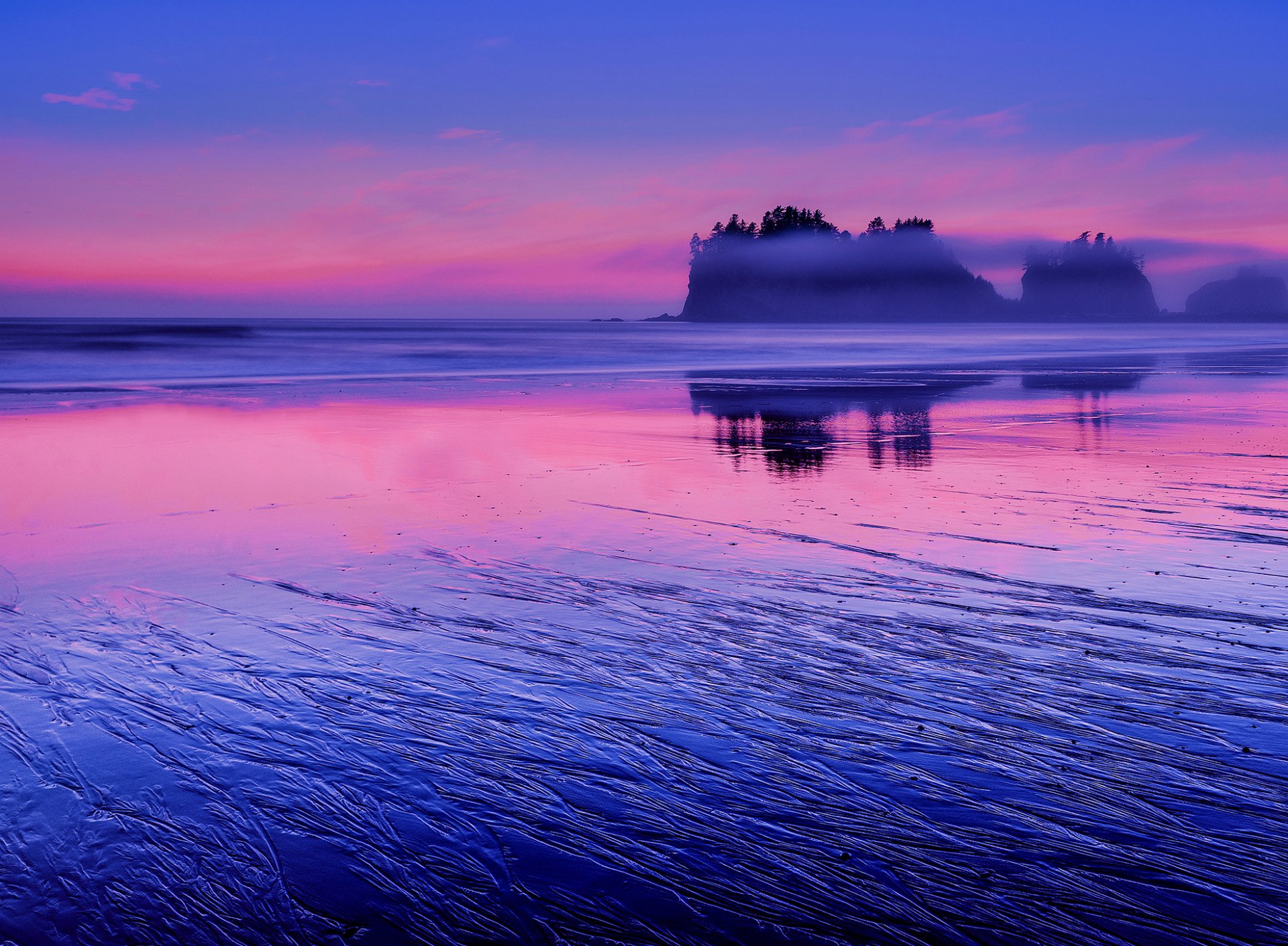 united states washington pacific ocean water beach rock night pink sunset clouds blue sky reflection