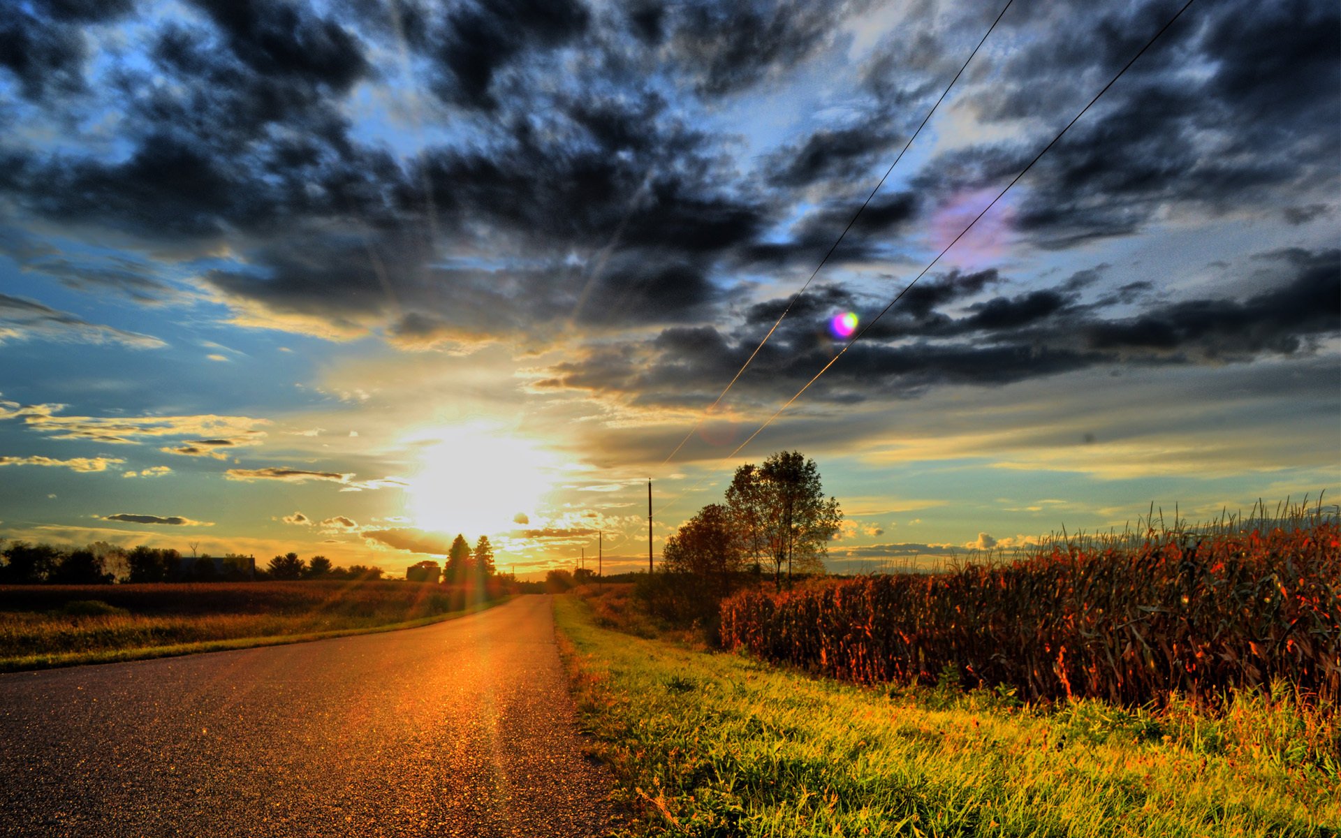 strada nuvole nuvole sole tramonto erba linee elettriche