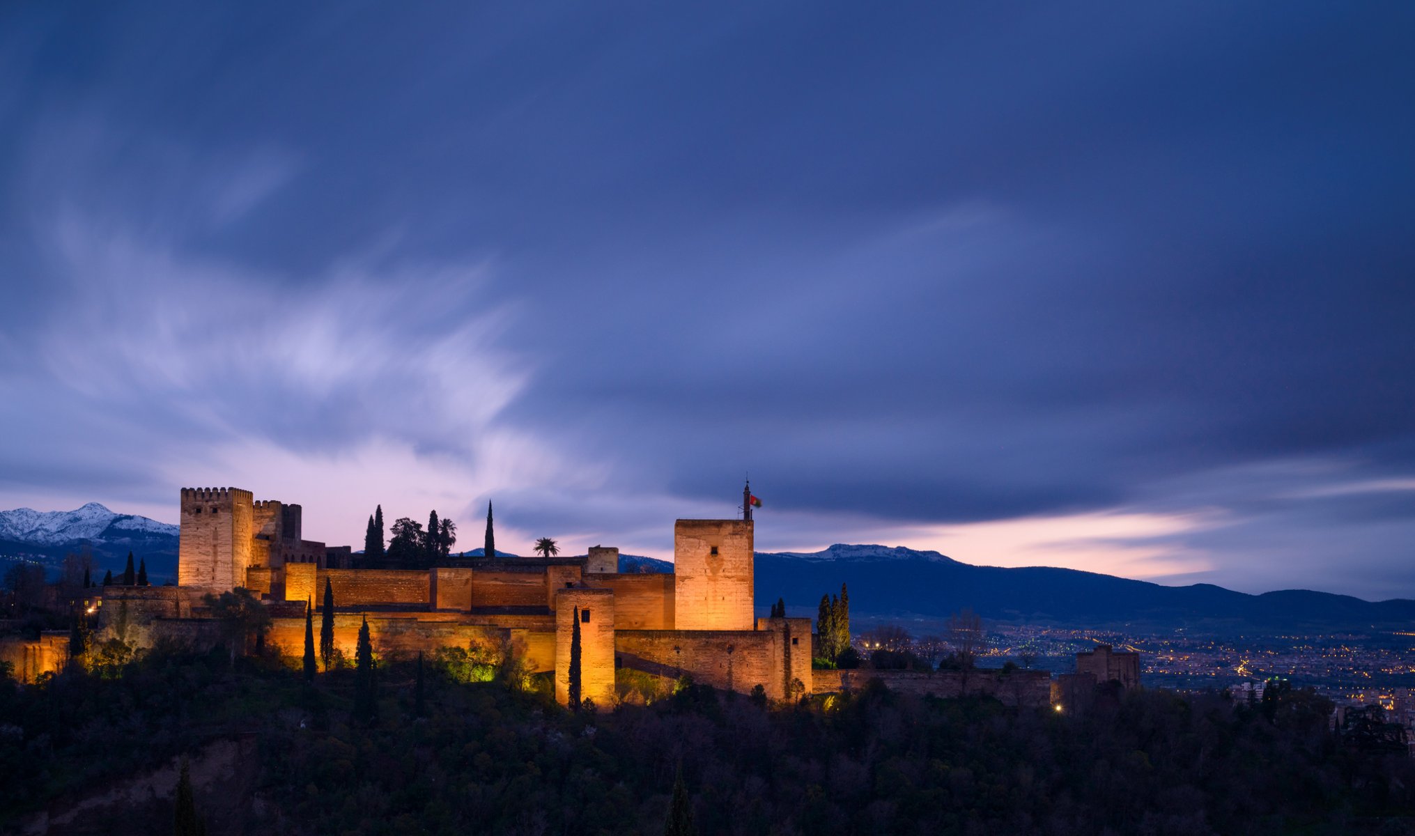 pain granada province architecture lighting light mountain night blue sky cloud