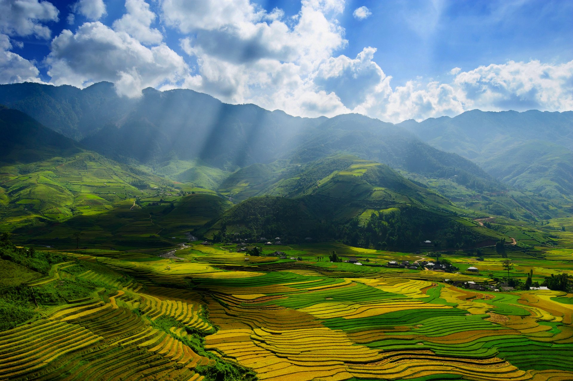 vietnam yen bai province in the north autumn september sky clouds rays light valley of the field by tu_geo