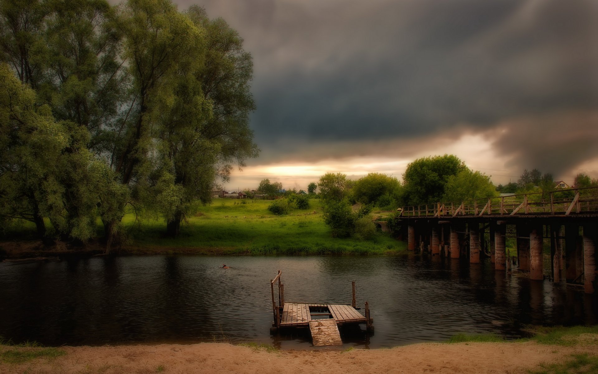 noc rzeka most krajobraz hdr