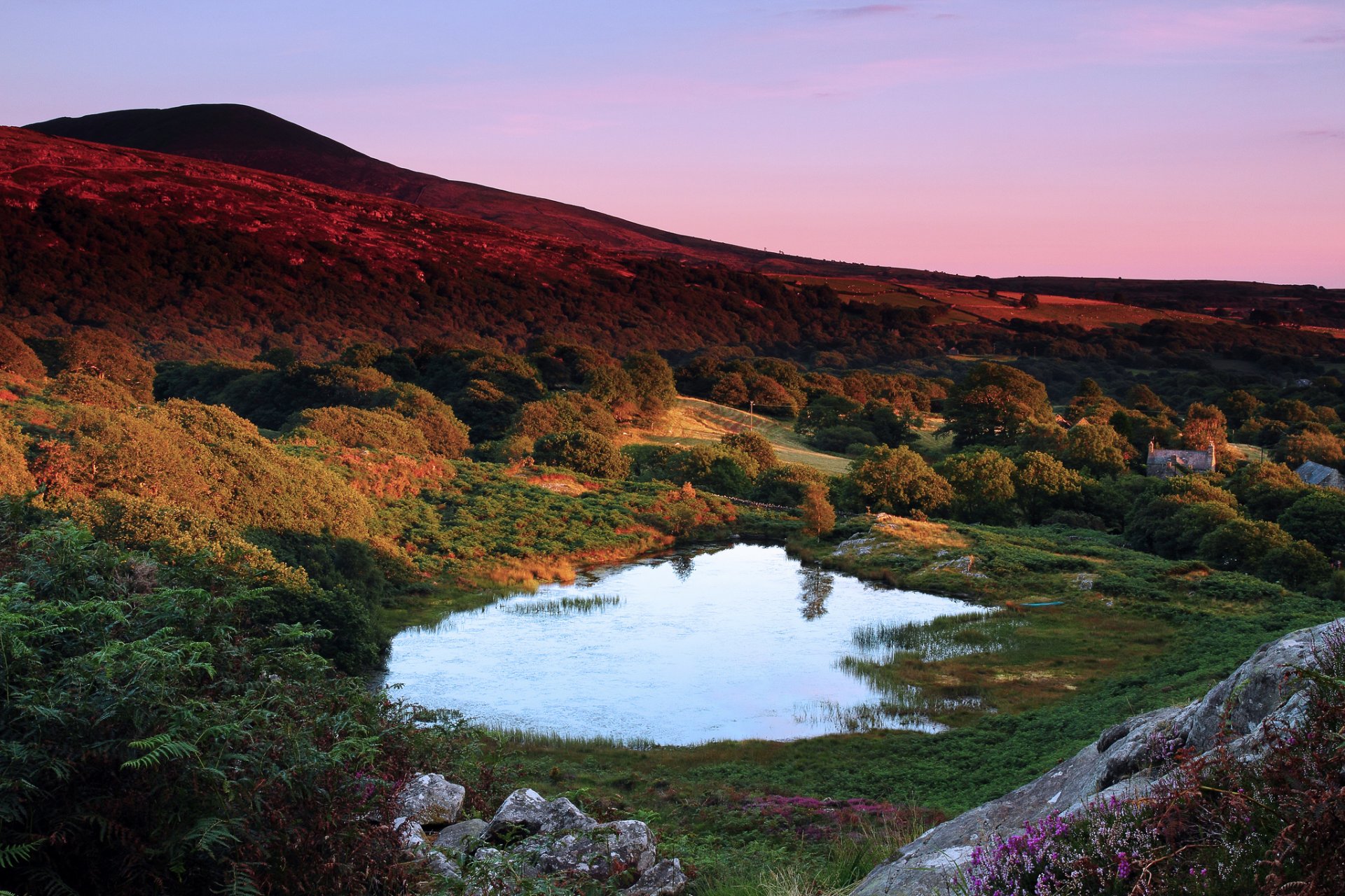 großbritannien wales abend berg hügel bäume see