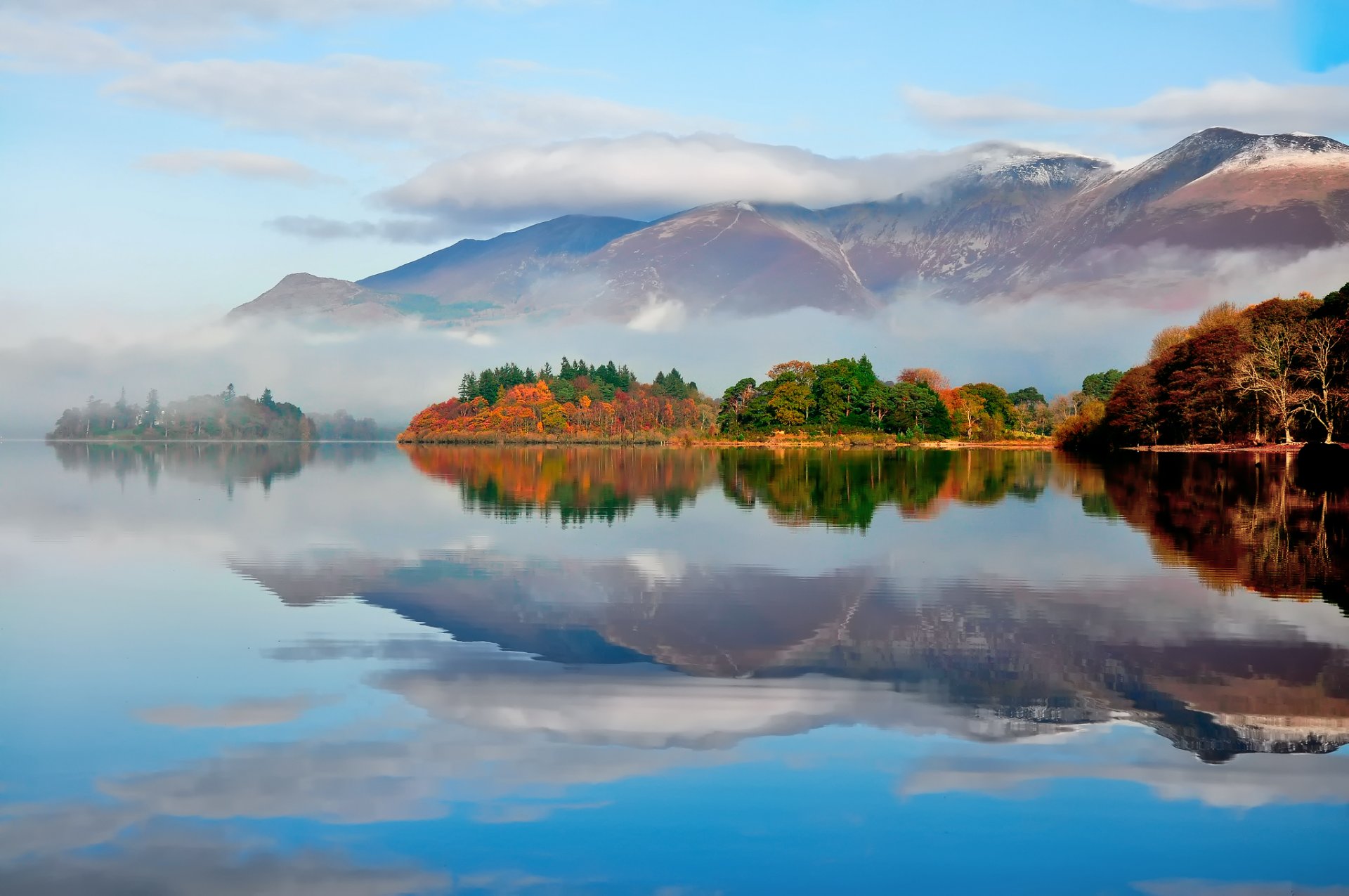 autumn forest mountain clouds sky lake reflection