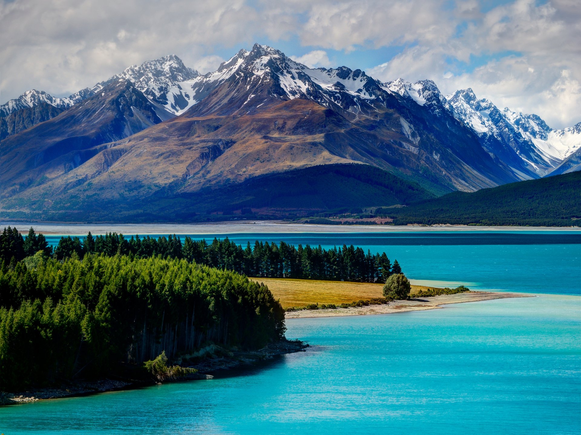 tekapo nueva zelanda lago montañas bosque árboles