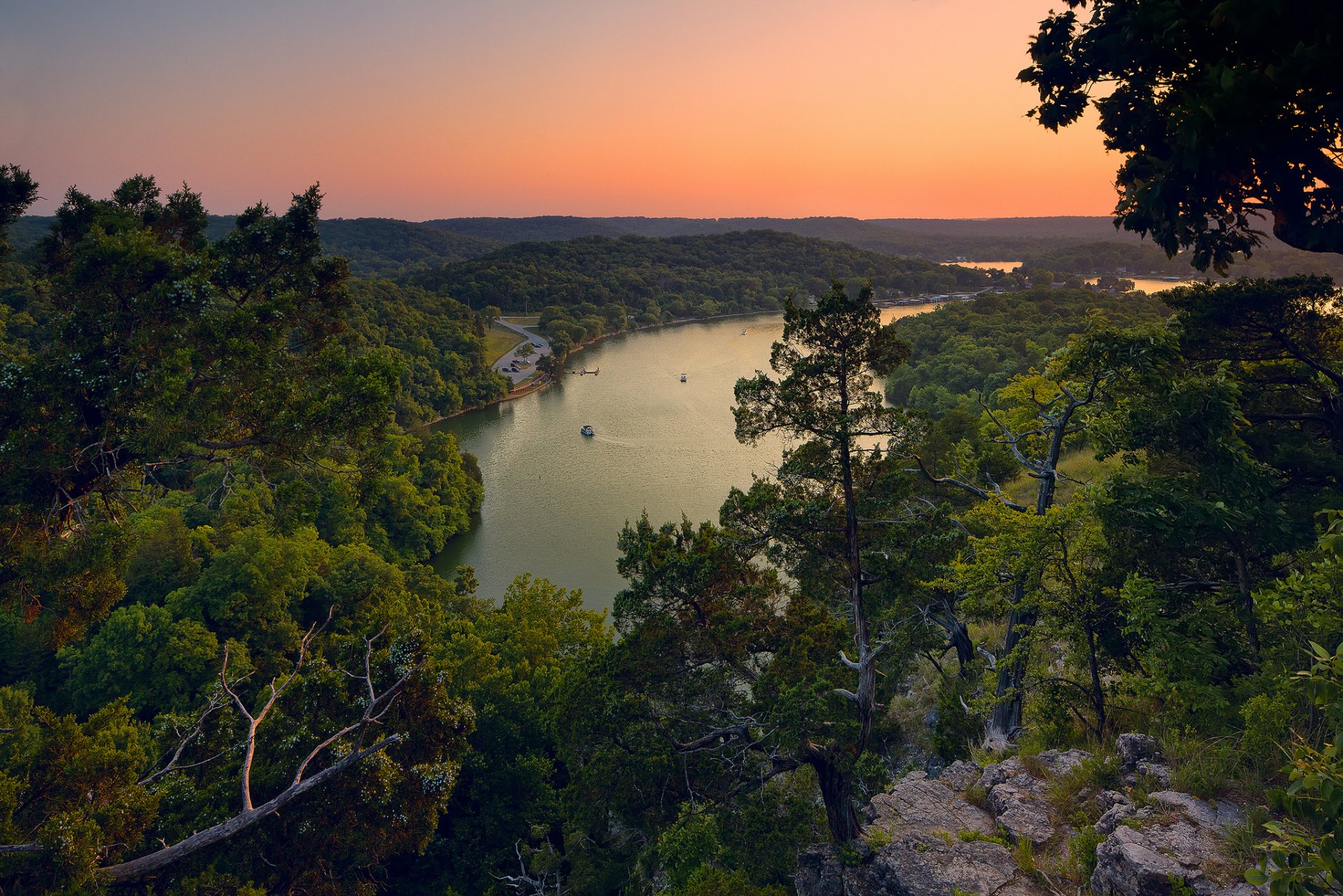 see ozark see wald bäume sonnenuntergang panorama natur