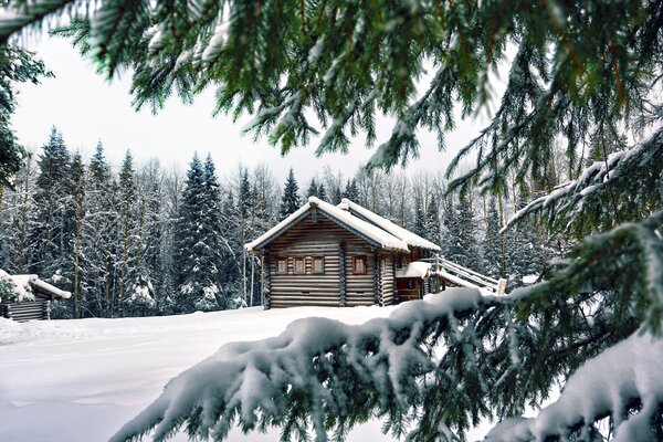 Cabaña de madera en el bosque de invierno