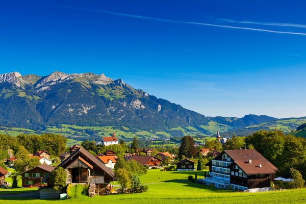 Швейцарская деревенская природа, зелёный луг