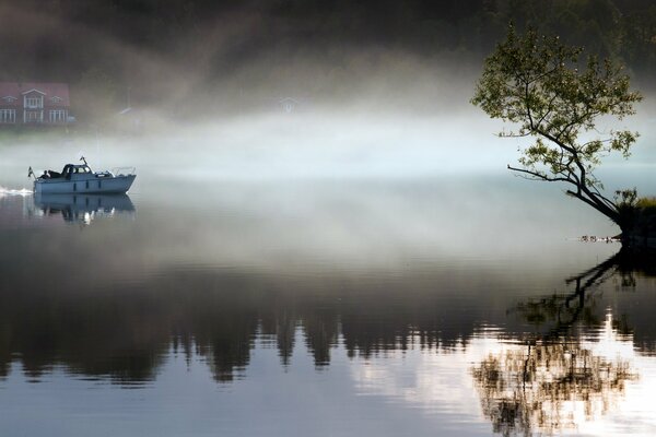 Das Boot schwimmt durch den Nebel zum Liegeplatz