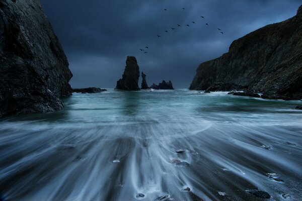 Rocce sulla costa. Surf e uccelli che volano via