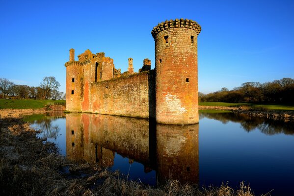 Schloss in der Reflexion eines Sees in Schottland