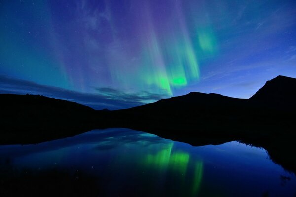 Northern Lights in the reflection of a lake in Norway