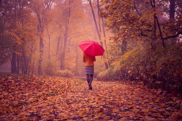 Ragazza con ombrello rosso nel parco autunnale