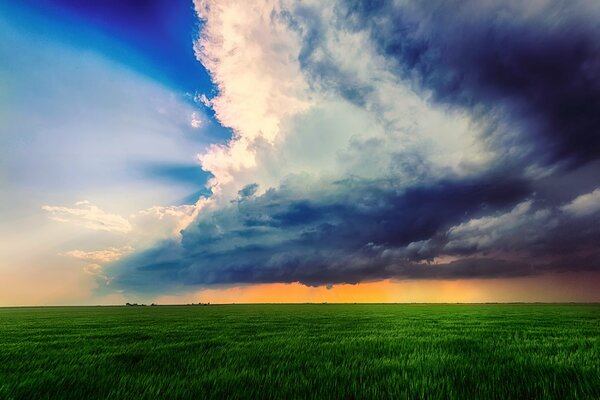 Bewölkter Himmel über dem Feld im Sommer