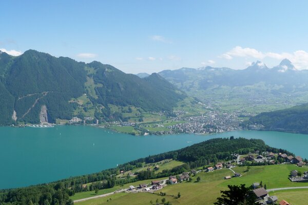 A Swiss city surrounded by mountains and lakes