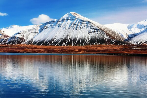 Reflection of a mountain with snow in the water