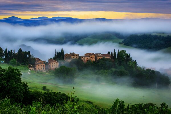 Casas y árboles en la niebla de la mañana