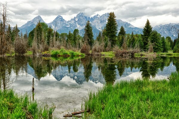 La belleza y el silencio del lago del bosque y las altas montañas