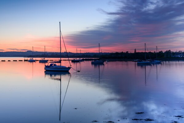 Yachts on the surface of the bay at sunset