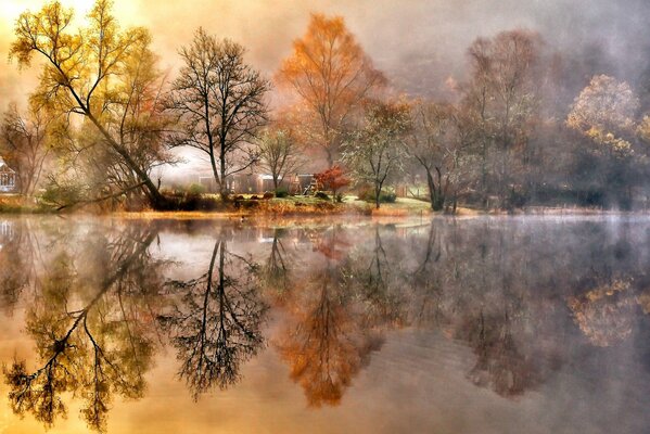 Autumn village in the haze