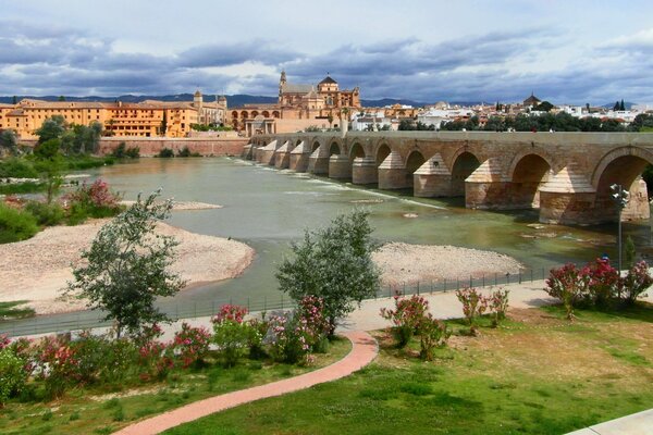 16-arch roman old bridge in spain