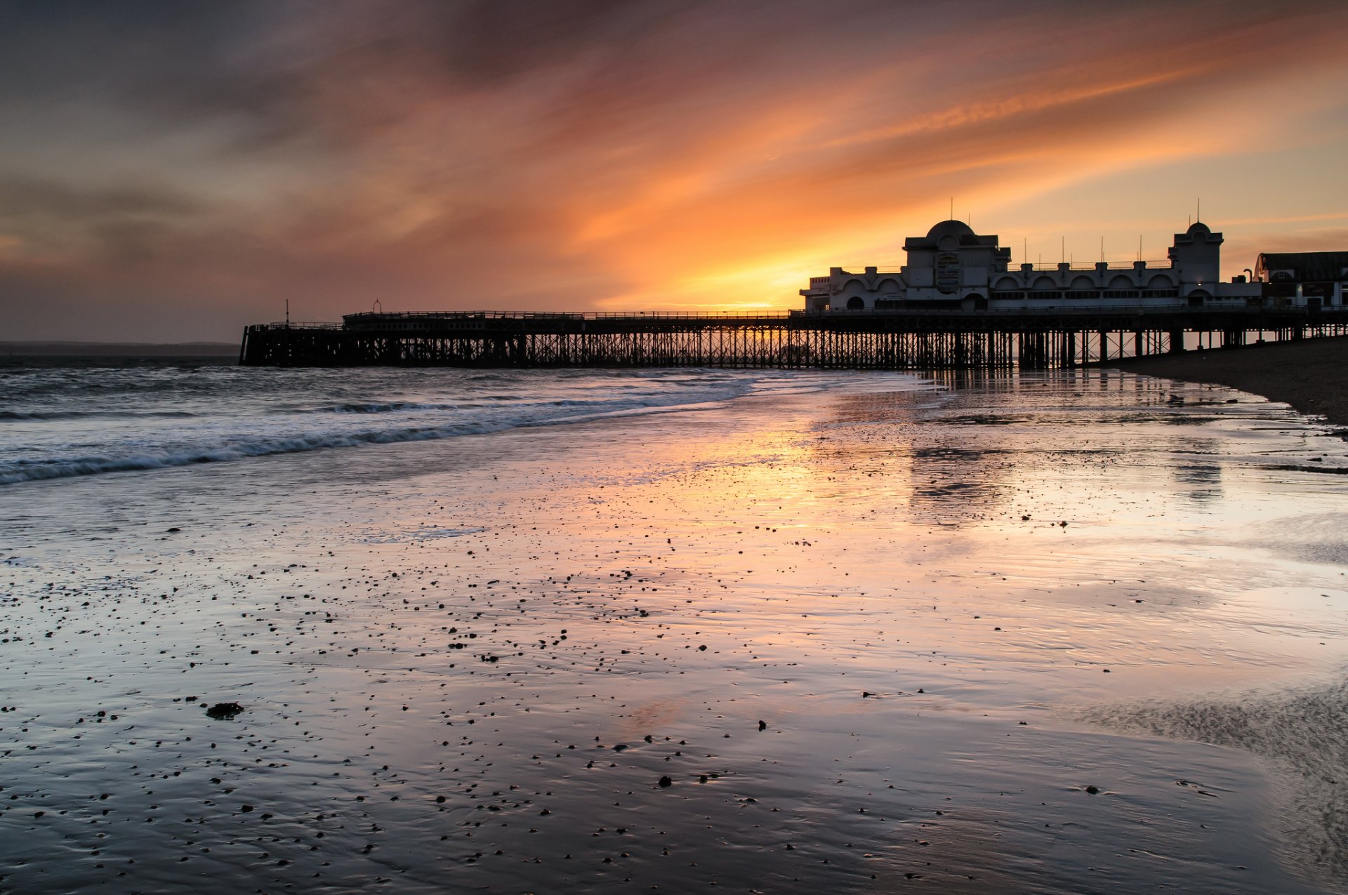 united kingdom england sea strait pier beach night sunset sky cloud