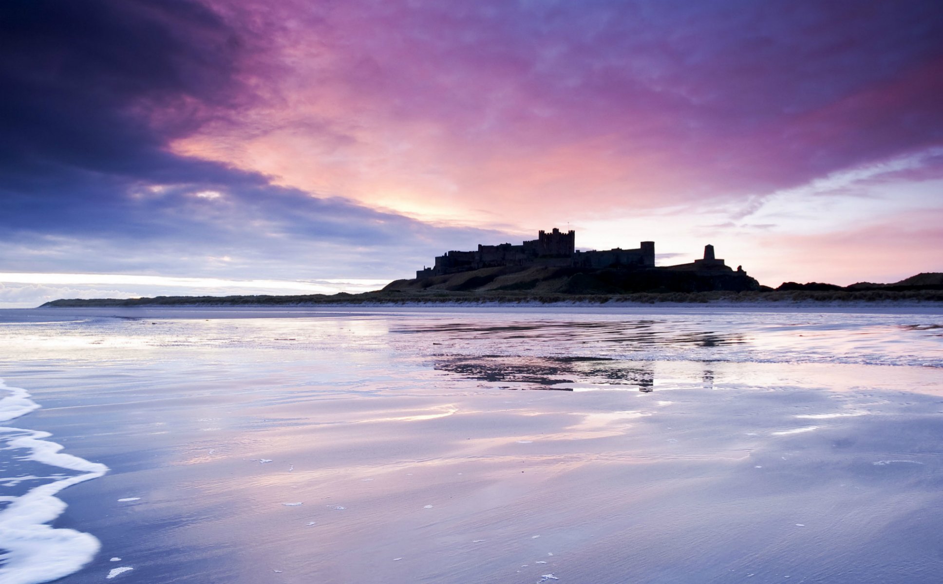 großbritannien england schloss meer küste abend lila lila himmel wolken