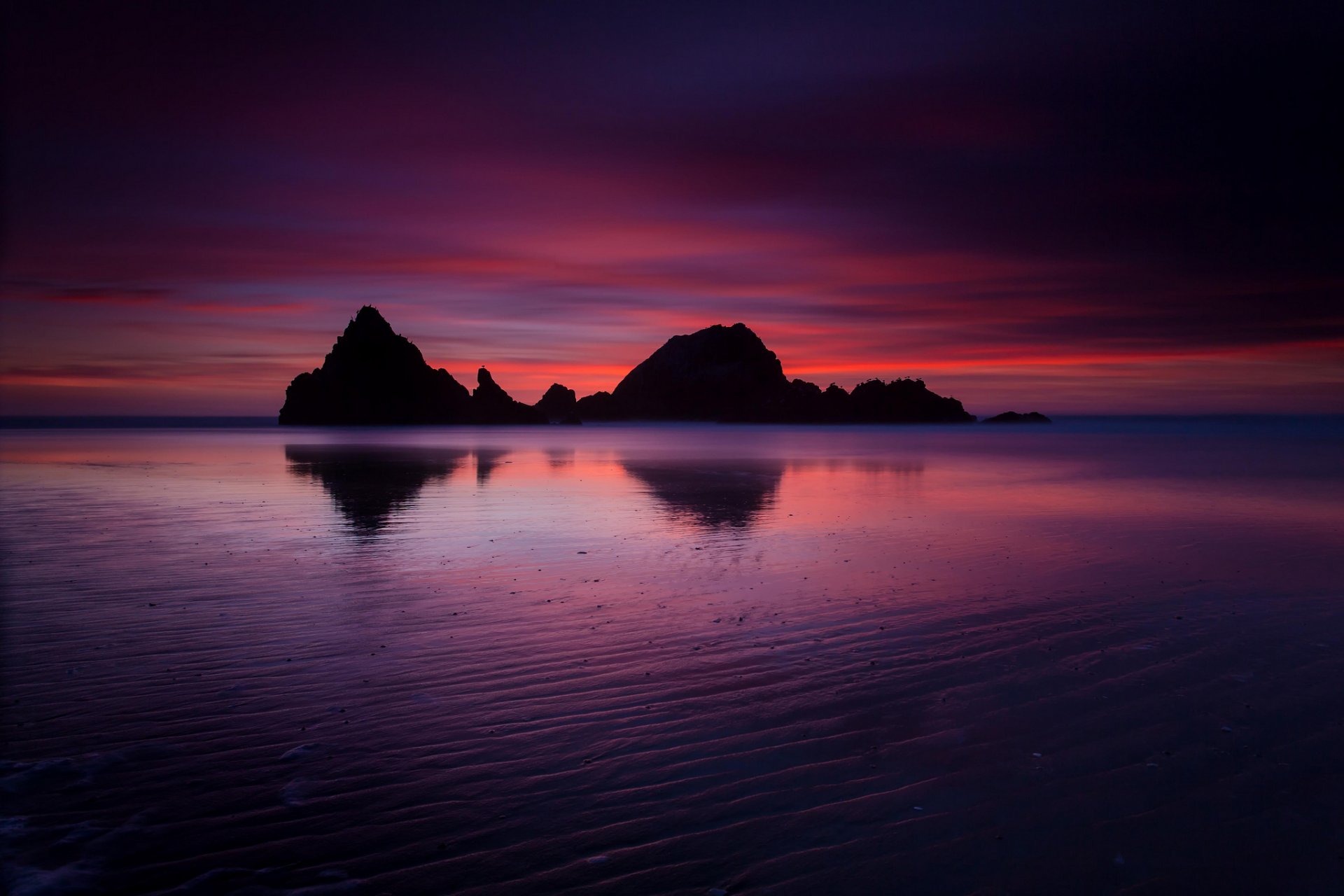 stati uniti california oceano costa rocce sera crepuscolo cremisi tramonto cielo nuvole