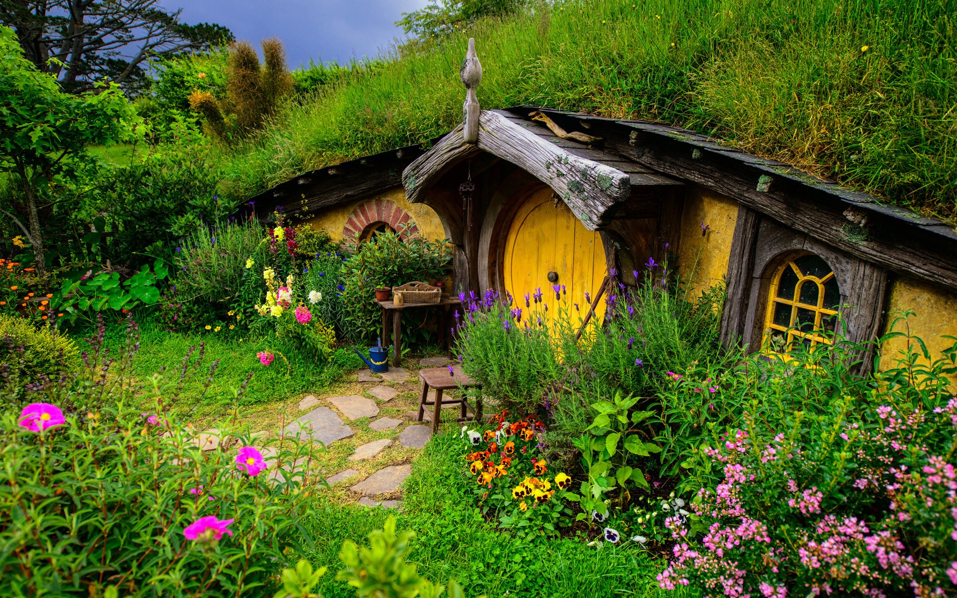 nora comté seigneur des anneaux nouvelle-zélande colline verdure herbe fleurs maison