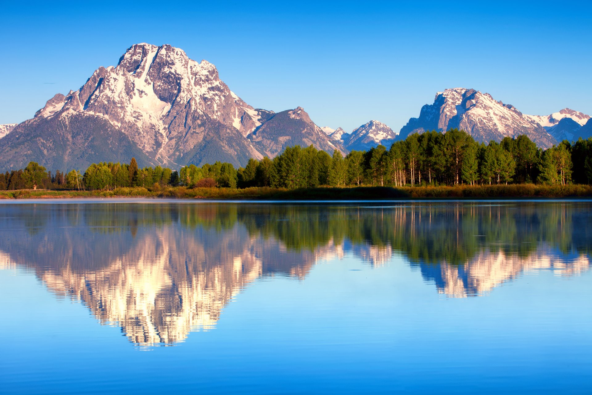 united states wyoming grand teton national park mount moran lake jackson nature summer morning forest reflection