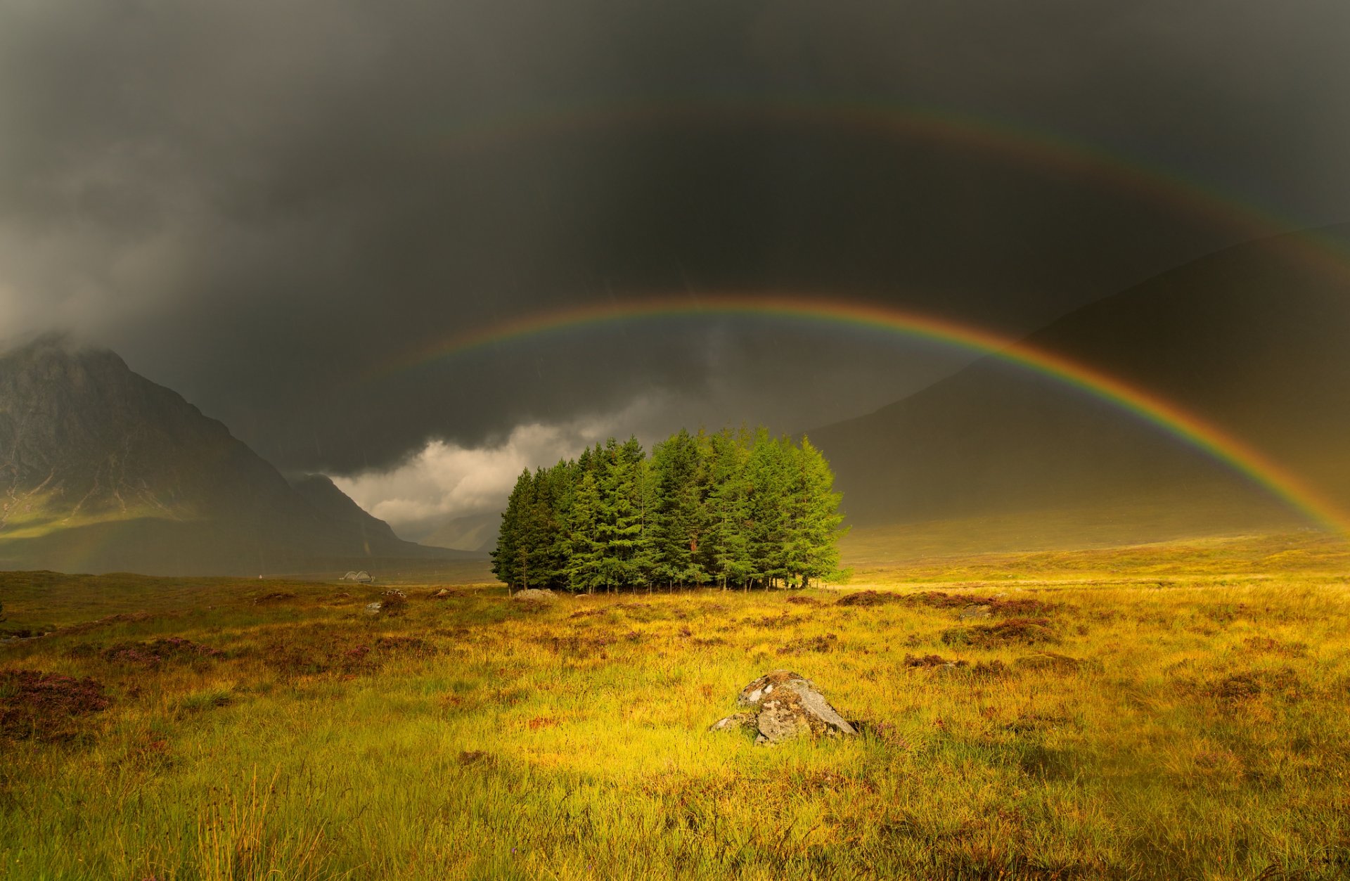 arco iris montañas árboles campo