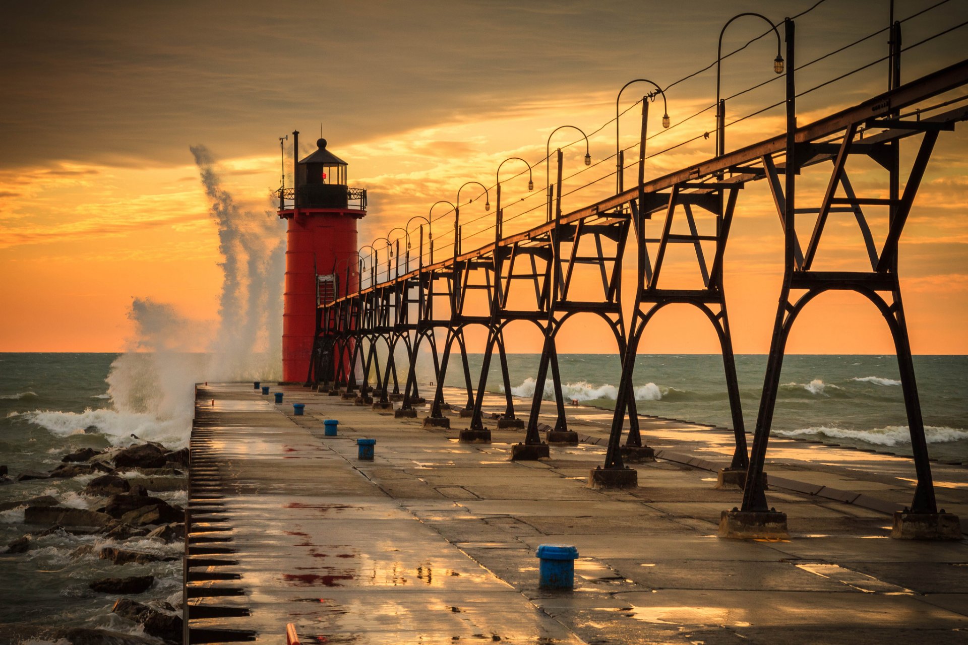 united states michigan south haven lake michigan pier lighthouse water waves sky