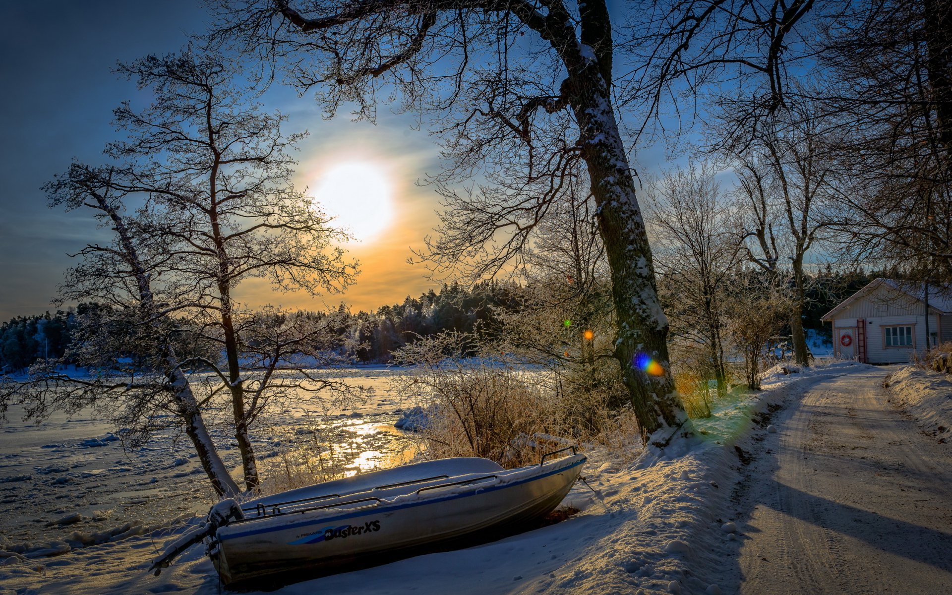 matin hiver route bateau maison