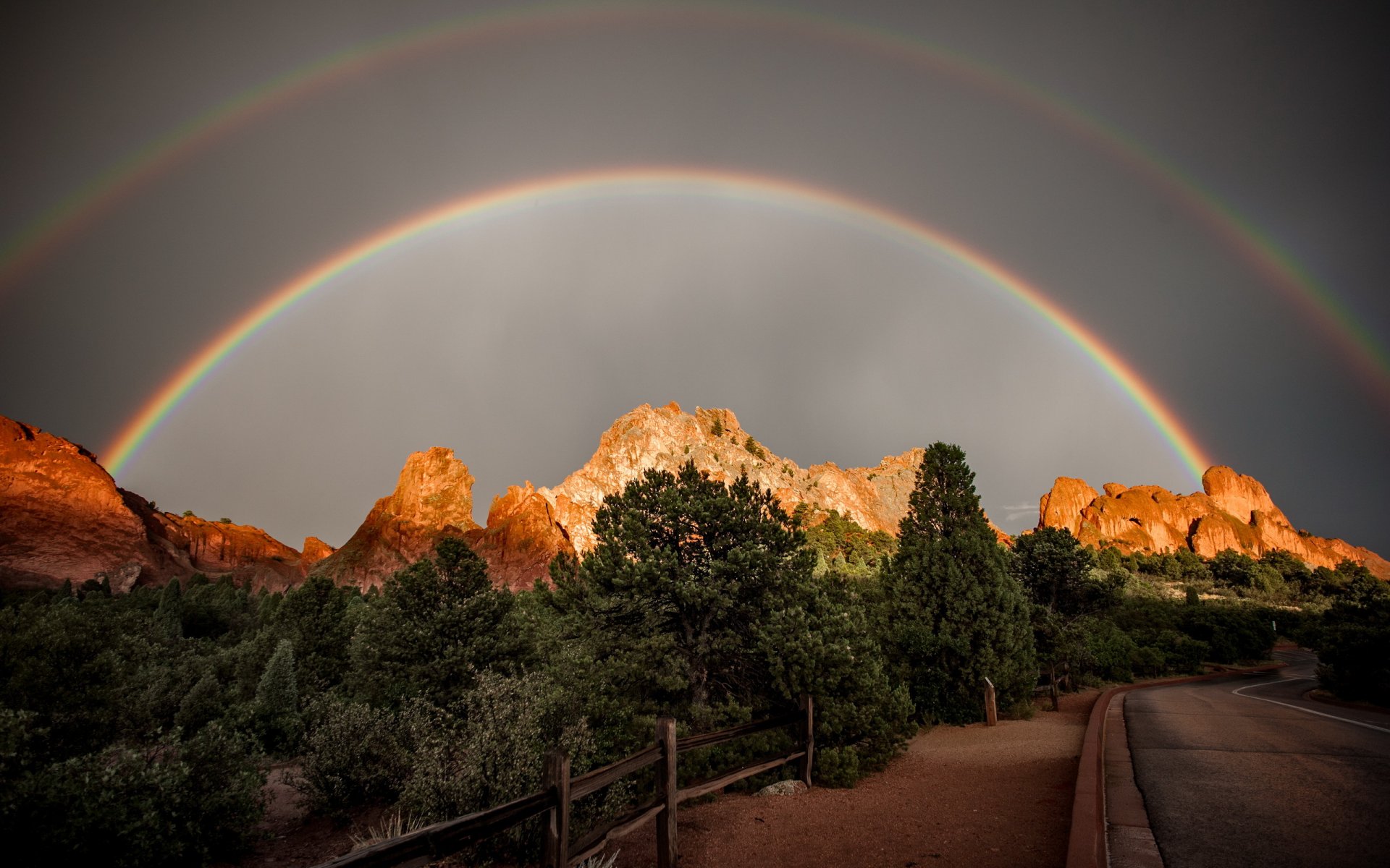 road mountain rainbow landscape