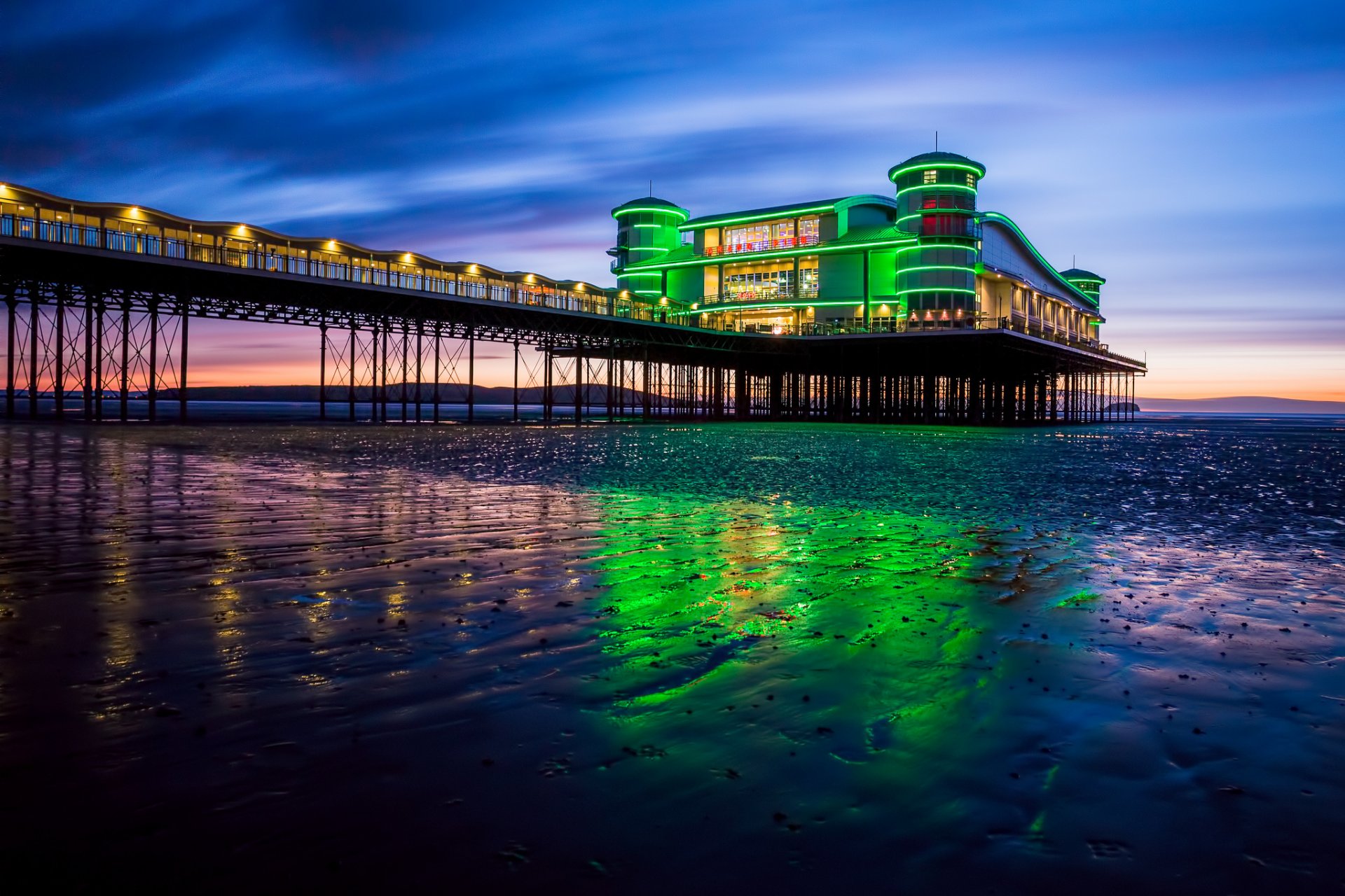 reino unido inglaterra costa bahía mar muelle iluminación luces noche puesta de sol cielo