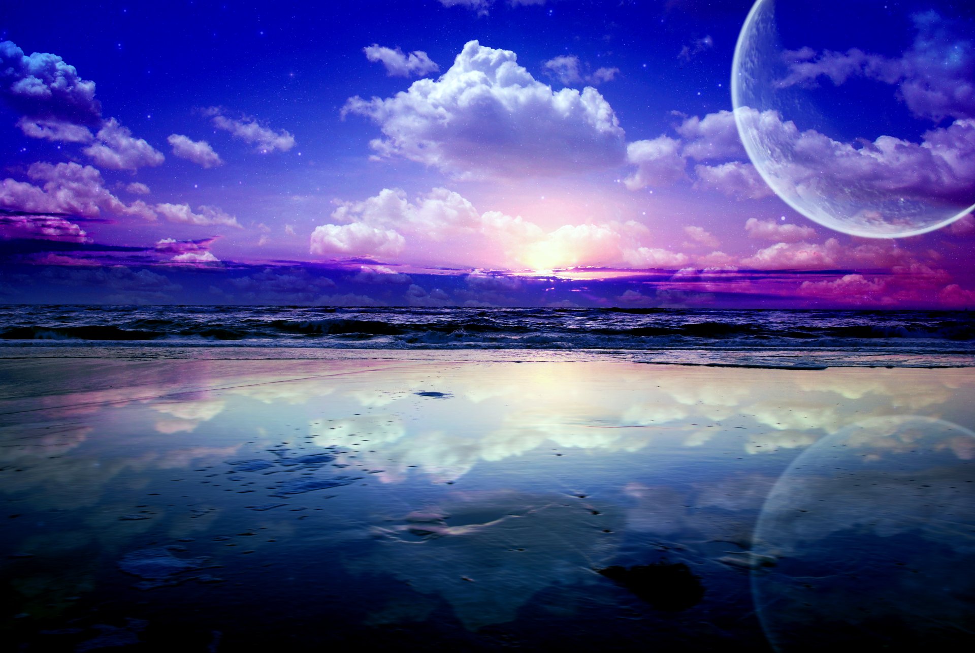 landschaft meer wellen planeten himmel wolken sterne reflexion