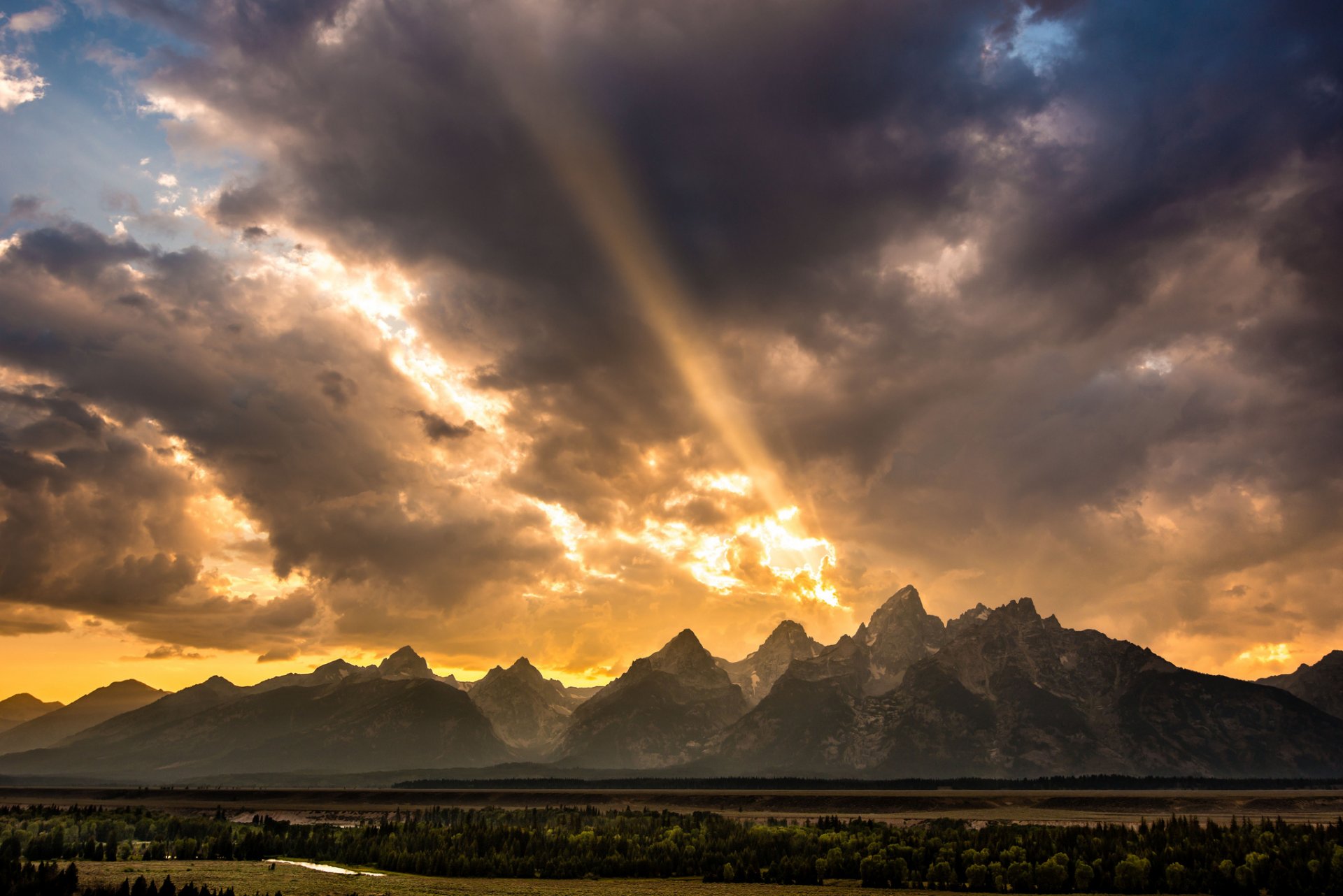 usa wyoming rocky mountains tal wald fluss himmel wolken licht strahlen