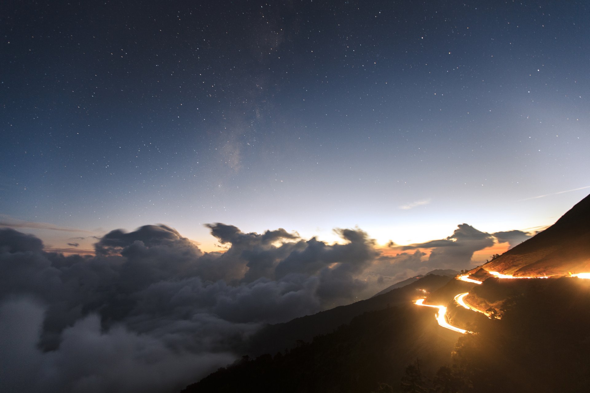 night views hills clouds lights road star